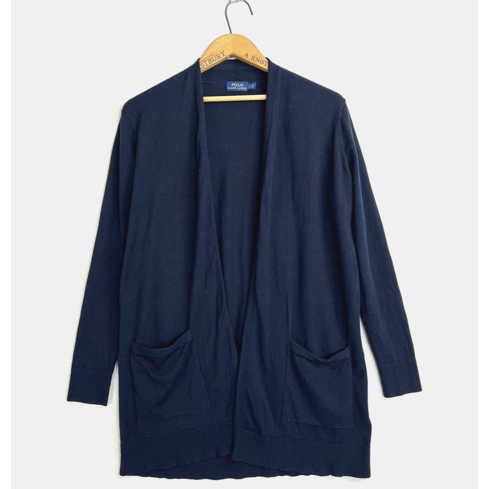POLO Ralph Lauren Womens S Cardigan Sweater Long Lightweight Pockets Navy Blue‎
